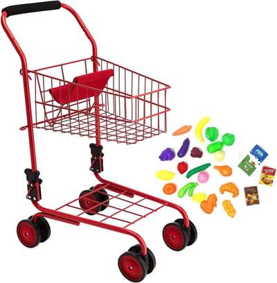 Speelgoed Boodschappenkarretje voor Kinderen met Metalen Frame en Speelgoedboodschappen