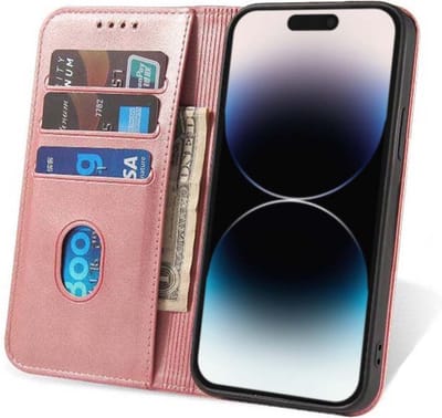 Smartphonica iPhone 14 Pro kunstleren hoesje met magnetische sluiting en pashouders book case - Roze geschikt voor iPhone 14 Pro