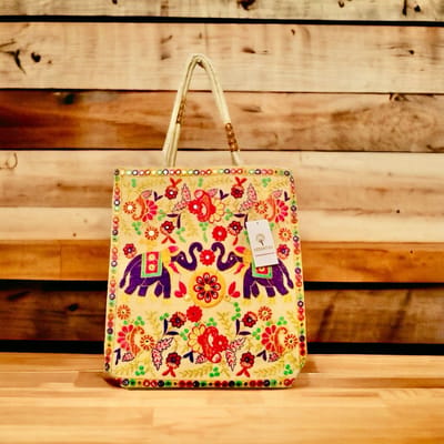 Schoudertas - Vedantan - Damestas - 40 x 40 cm - Katoen - Kleurrijk borduurwerk - Ritssluiting - Shopper dames- Picknicktas - Leuke Strandtas - Schattige - Twee handvaten