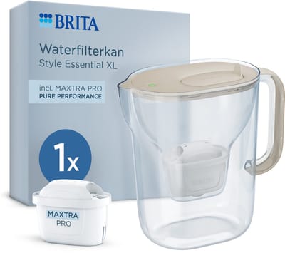 BRITA Waterfilterkan Style Essential XL - 3,6L - Sand - incl. 1x MAXTRA PRO Pure Performance - grote filterkan met Smart Light LED & klapdeksel, filtert verontreinigingen & meer