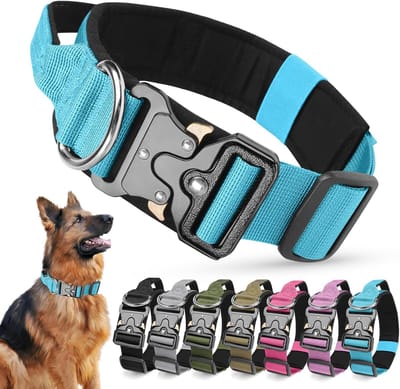 Ademende, zware belastbare tactische hondenhalsband met handvat en robuust metalen gesp (blauw, L)