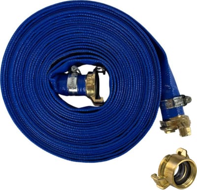 Platte waterslang 25 mm, 10 meter lang, voor dompelpompen. 3 bar met 2 Geka koppelingen gemonteerd plus 1 x Geka met 1, 1/4" binnedraad