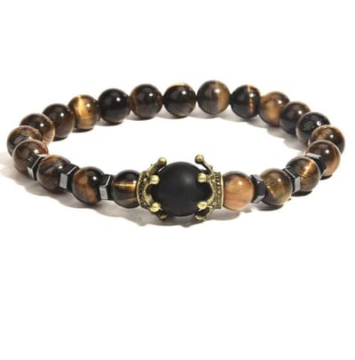 Walletstreet Caesar Crown Bracelet Armband Keizer kroon- Lavasteen armband 21 cm-Bruin met Zwarte Kroon-voor mannen en vrouwen-Kerstcadeau-Ideale geschenk