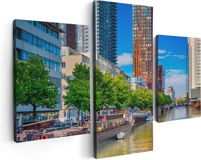 Artaza Canvas Schilderij Drieluik Rotterdamse Gracht Met Boten - 90x60 - Foto Op Canvas - Canvas Print