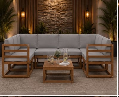 Loungeset Tuin 10-delig 59 x 59 x 37 cm – Modulaire Acaciahouten Tuinset met Crème Kussens, Weerbestendige Outdoor Loungeset voor Tuin, Terras, Balkon en Zwembad – Mobili Bella