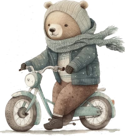 Poster beertje op motor-posters-A3 formaat-watercolours spring-winter animals-dieren-kinderkamer accessoires-babykamer accessoires