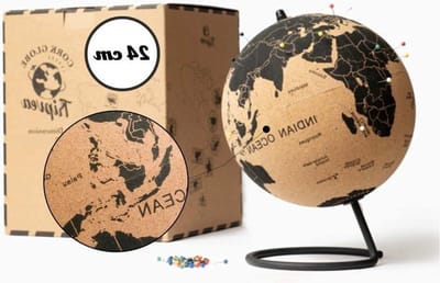 Wereldbol van zwart kurk - Dimension 24 cm - decoratie reisthema - vintage wereldkaart - decoratieve wereldkaart - Ideaal cadeau en decoratie voor kantoren