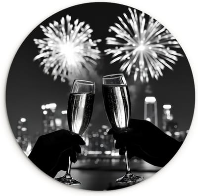 WallCircle® Wandcirkel 30x30 cm - Muurcirkel Vuurwerk - Proosten - Skyline - Champagne - Muurdecoratie woonkamer - Wanddecoratie keuken - Kamer decoratie accessoires - Ronde schilderijen