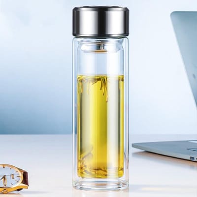 Dubbellaags Glazen Mok Hittebestendige Waterbekers Met Theezeef Grote Capaciteit Lekvrije Glazen Drinkgerei 350-420ml gray