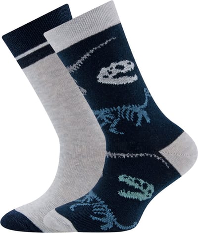 Ewers Kindersokken Ewers - Set / 2-Pack - Dino Skeletten & Effen met Rand - Lichtgrijs & Donkerblauw-23/26