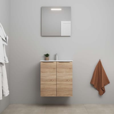 On-Line Badkamermeubelset - 60 cm - Bouwpakket - 2 Deuren met Greep - Porseleinen Wastafel - 1 Kraangat - Spiegel met LED-Verlichting - Eiken