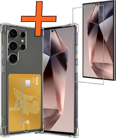 Hoes - Geschikt voor Samsung Galaxy S24 Ultra - Met Screenprotector - En Pashouder - En Kaarthouder - Telefoon Hoesje Shockproof - Siliconen Case - Back Cover - Shock Proof - Pasjes Houder - Transparant