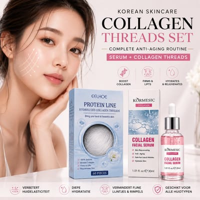 Korean Skincare Collagen Beauty Set – Collagen Facial Serum 30ml + 60 Collagen Face Masks – Anti Aging Gezichtsverzorging – Hydratatie, Glow & Huidverjonging