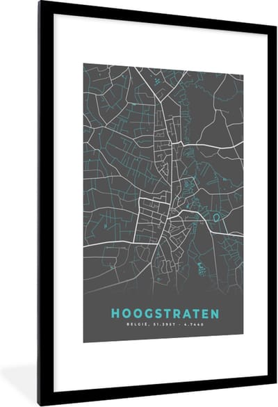 Fotolijst incl. Poster - België – Hoogstraten – Stadskaart – Kaart – Blauw – Plattegrond - 60x90 cm - Posterlijst