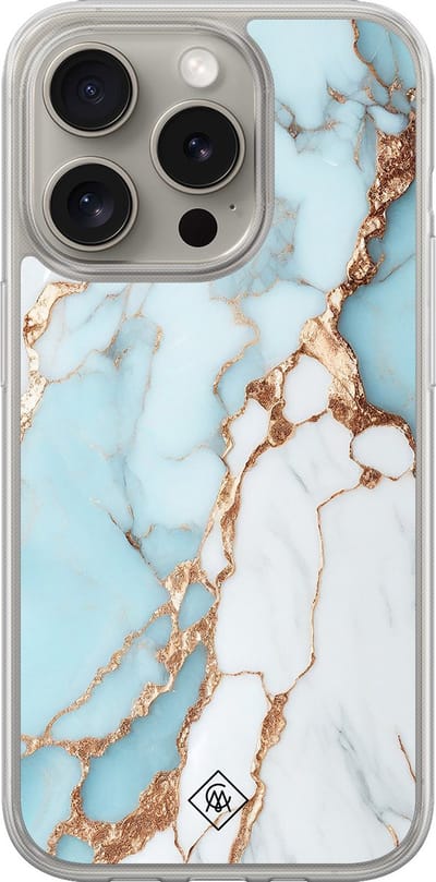 Casimoda® hoesje - Geschikt voor iPhone 15 Pro Max - Marmer Lichtblauw - 2-in-1 case - Schokbestendig - Marble design - Verhoogde randen - Blauw, Transparant