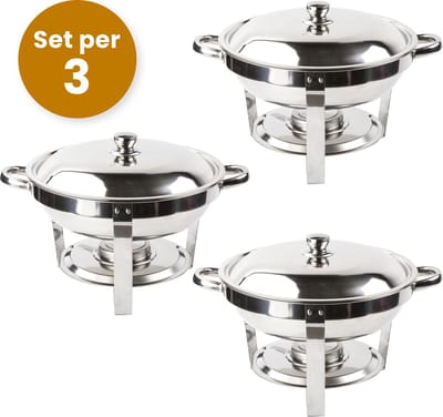 Alora chafing dish rond 4.5L per 3 - geschikt voor soep - buffet - Set van 3 - voedsel verwamer - voedsel warmhouden - met deksel - buffetwarmer - roestvrij staal - 4.5 liter inhoud - warmhoudplaat - bain maria - warmhoudbakken - Warmhoudschalen