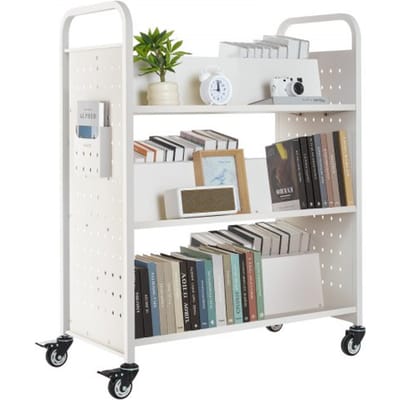 VEVOR Boekenwagen, draagvermogen 150 kg, Bibliotheekwagen, 97 x 51,5 x 122,5 cm, dubbelzijdige W-vormige boekenplank met dubbele remwielen, Boekenplankwagen voor woonkamer, kantoor, school, wit
