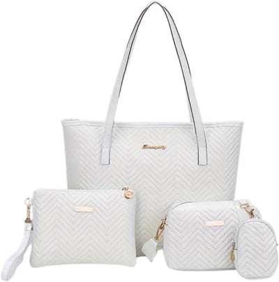 Bovista Handtas Dames - Schoudertas - School - Shopper - Schooltas - Werktas - 4-Delige Set - Wit