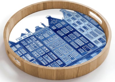 Dienblad rond 40x40 cm - Schootdienblad hout - Aquarel - Grachtenpanden - Delfts - Blauw - Borrelplank rechthoek - Plateau houten dienbladen