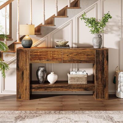 Tribesigns Consoletafel met 2 Laden - Rustieke Bruine Sidetable - Hout - 140 x 30 x 85 cm - Smalle Consoletafel met 2 Niveaus voor Hal, Woonkamer, Entree