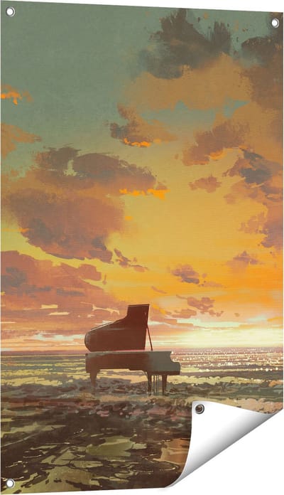 Gards Tuinposter Piano op het Strand bij Zonsondergang - 60x90 cm - Tuindoek - Tuindecoratie - Wanddecoratie buiten - Tuinschilderij