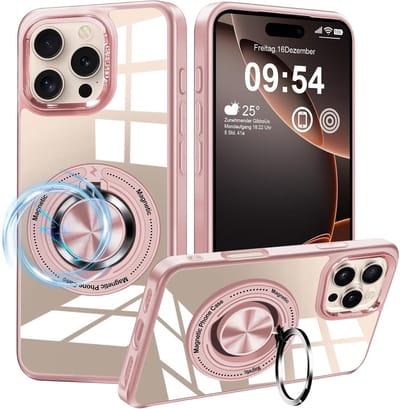Magsafe Hoesje Geschikt voor iPhone 16 Pro Max hoesje Rose Goud Transparant - Met kickstand Draaibare Ring Houder