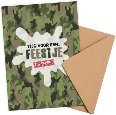 Uitnodiging Kinderfeestje Camouflage + Enveloppen - 10 stuks - Beschrijfbaar - Uitnodiging verjaardag - Jongen of meisje - Uitnodigingskaarten - kraft envelop - Verjaardag Feest