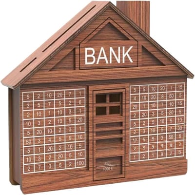 Houten Spaarpot - Geldkistje Huisvorm - Geld Besparen - Met Teller - 25x22x5.5cm - Lichtbruin