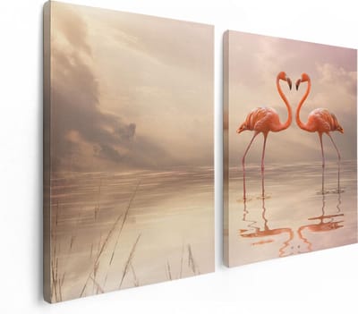 Artaza Canvas Schilderij Tweeluik Twee Flamingo's in een Hartjes Vorm  - 120x80 - Foto Op Canvas - Canvas Print