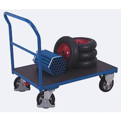 Wagen voor zwaar gebruik, staal/zeefdrukplaat, gentiaanblauw/donkerbruin, L 2025 x B 800 mm, met dwarsbeugel, massief rubberen wielen met EasySTOP, tot 1000 kg