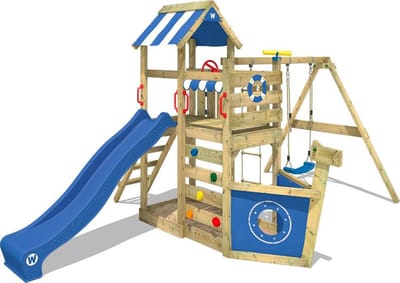 Wickey SeaFlyer Speeltoestel - Schommel en Touwladder met Glijbaan - Klimwand & Zandbak - 367x451x260 cm - Blauw