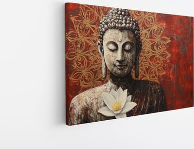 Saammp Canvas Schilderij - Boeddha met Lotusbloem - 45x30 - Foto op canvas - Wanddecoratie - Muurdecoratie Woonkamer - Canvas schilderijen