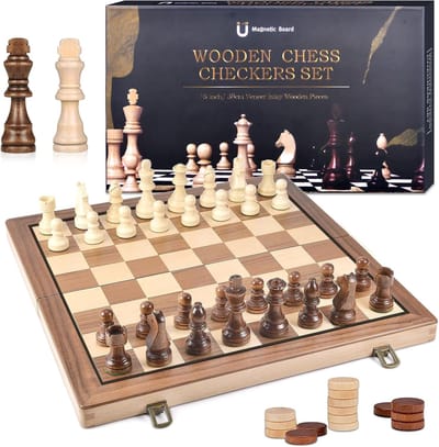 2-in-1 Draagbaar Houten Schaakspel - Magnetisch Reisschaakbord 39x39 cm