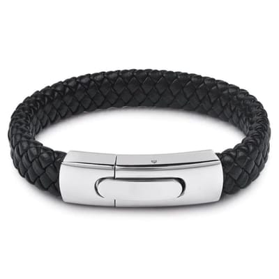 Victorious Handgevlochten Leren Armband Heren – Zwart Leer en Zilveren Sluiting -Zwart/Zilver – 22cm