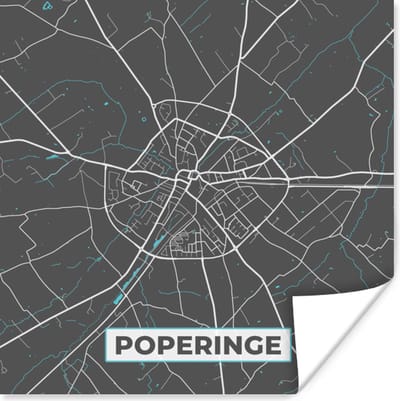 Poster Stadskaart – Grijs - Kaart – Poperinge – België – Plattegrond - 100x100 cm XXL
