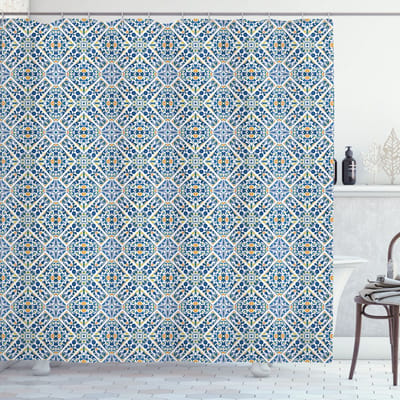 ABAKUHAUS Douchegordijn – Etnisch bloemig retro – 175x200 cm – Blauw/Geel