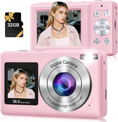 KZQ Digitale Camera - 4k - 48mp - 18x Digitale Zoom - Voor En Achter Dubbele Camera - 2 4 Inch En 1 3 Inch Dubbele Scherm - Met 32gb Sd Kaart - Draagbare Vlogcamera - Roze