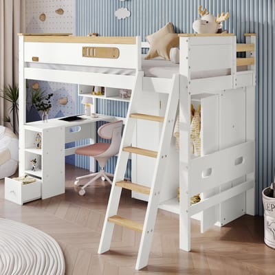 STILVORA Stapelbed 90x200 cm – Kinderstapelbed Met Vierzijdige Valbeveiliging – Bureau & Kledingkast Met Open Planken – Hout+MDF – Wit+Natuur – Zonder matras