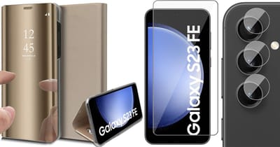 Hoesje geschikt voor Samsung Galaxy S23 FE - Screenprotector Glas & Camera - Spiegel Book Case Goud