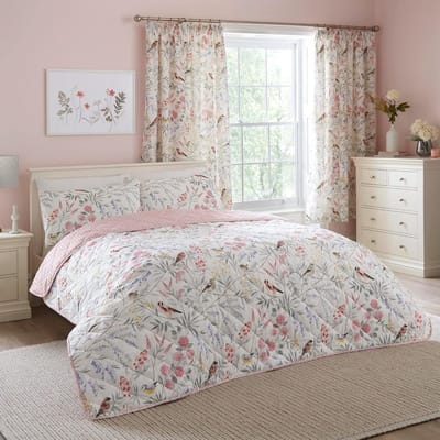 Famanu – Roze bloemen en vogels sprei van 230 x 200 cm, omkeerbaar met botanische prints, ideaal voor elke slaapkamer