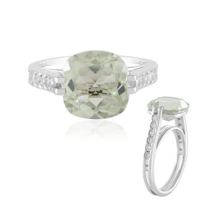 Cavill - 925 Sterling Zilver Ring - Groene Amethist 4,425 ct & 12 Cambodjaanse Zirkonia 0,462 ct - Platina Verguld - Elegant Kussen Slijpsel