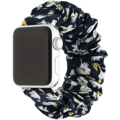123watches bandje Savara - scrunchie - nylon - donker blauw bloemen - 44 · 45 · 46 & 49 mm · S/M - Geschikt voor Apple Watch series 1/2/3/4/5/6/7/8/9/10/11/12/SE/SE2/SE3/Ultra/Ultra 2/Ultra 3/Ultra 4