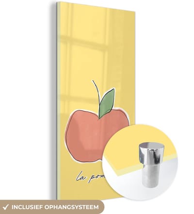 MuchoWow® Glasschilderij 60x120 cm - Schilderij acrylglas - Appel - Fruit - Tekst - Foto op glas - Schilderijen