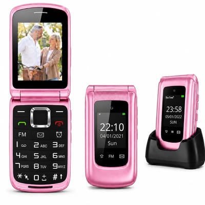 4G Senioren GSM Roze + Oplaadstation - Dual Sim - Dual Scherm - Big Button Mobiele Telefoon - Grote Toetsen & Cijfers - SOS Knop - Mobiel - Ouderen
