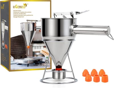 Deeg Dispenser - Beslag Trechter - Pannenkoeken Bakken - Met 7 Spuitmonden - 1200 ml - Zilverkleurig
