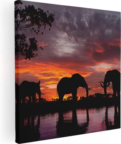 Artaza Canvas Schilderij Zonsondergang - 30x30 cm - Klein - Wanddecoratie Olifant - Muurdecoratie Afrikaans - Kamer Accessoires