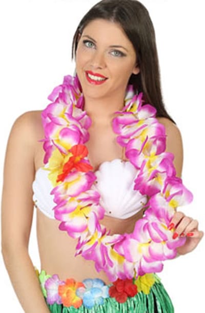 Atosa Hawaii krans/slinger - Tropische kleuren paars - Grote bloemen hals slingers - verkleed accessoires