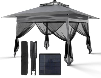 Puluomis - Tuinpaviljoen met waterafstotend dubbel dak - Overkappingen met lampen op zonne-energie - Gazebo met UV-bescherming - Afmetingen (LxBxH) 3.6x3.6x2.9M - Vouwpaviljoen - 4 klamboe zijpanelen - Inclusief transporttas - Grijs