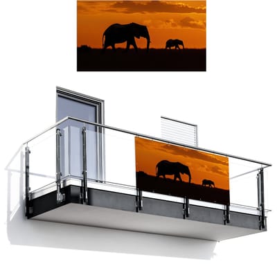 Balkonscherm 200x110 cm - Balkonposter Olifanten - Savanne - Zonsondergang - Balkon scherm decoratie - Balkonschermen - Balkondoek zonnescherm