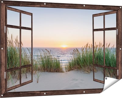 Gards Tuinposter Doorkijk Zee vanuit Duinen met Zonsondergang - 150x100 cm - Tuindoek - Tuindecoratie - Wanddecoratie buiten - Tuinschilderij